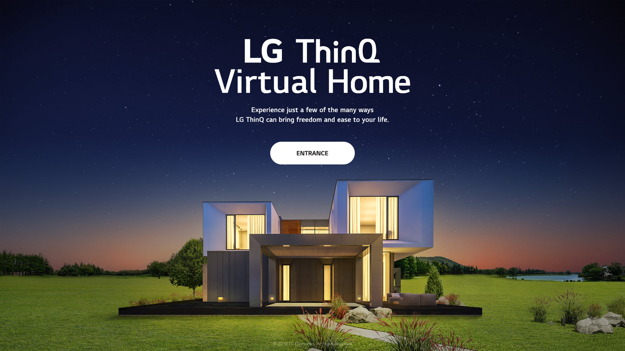 “LG ThinQ Virtual Home” 문구와 현대적인 주택 이미지가 표시된 화면