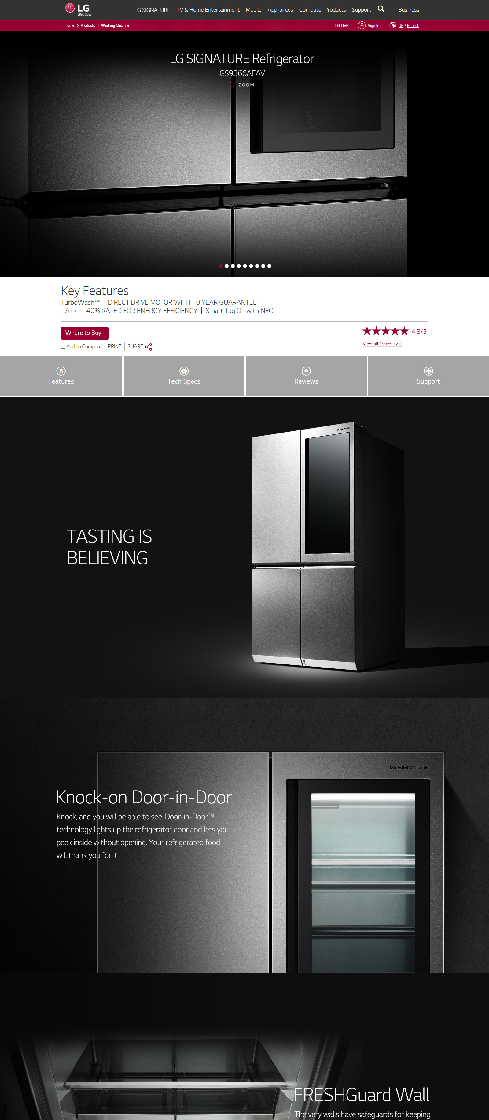 LG SIGNATURE 로고가 보이는 냉장고 모서리 부분